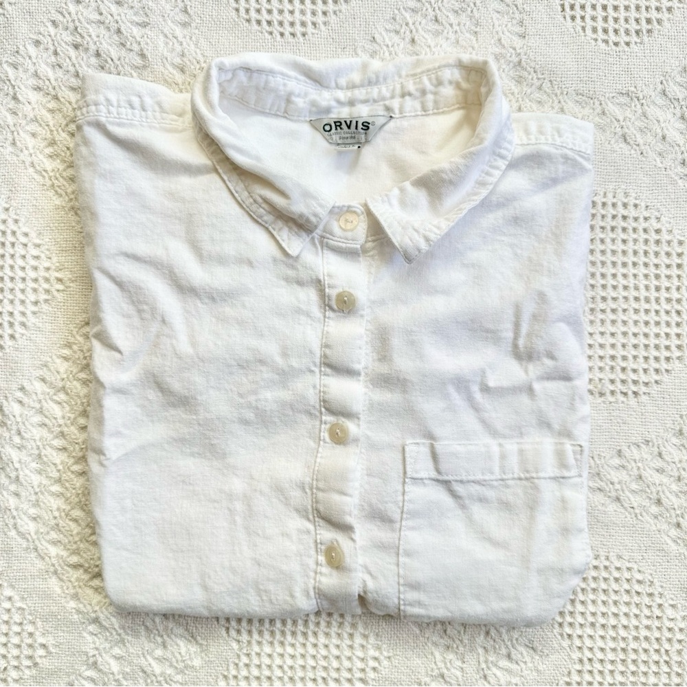 Orvis Shirt Blouse Womens Large White Linen Blend Collar Beach Coastal Button Up